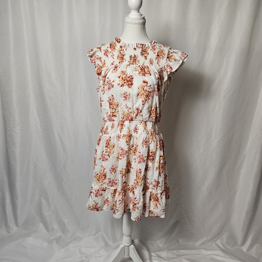 LOFT Floral Ruffle Sleeve Mini Dress - White and Pink Size Large