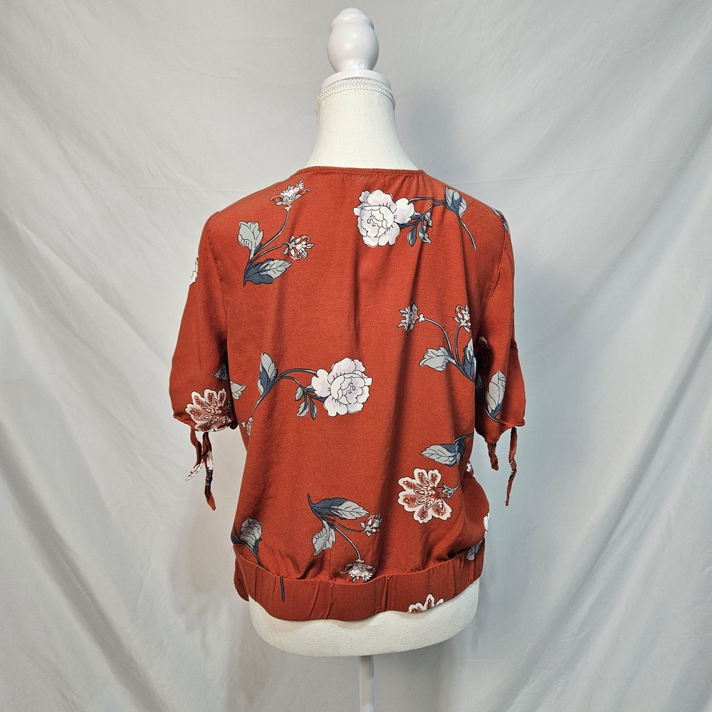 LOFT Red Floral Wrap Blouse photo 3