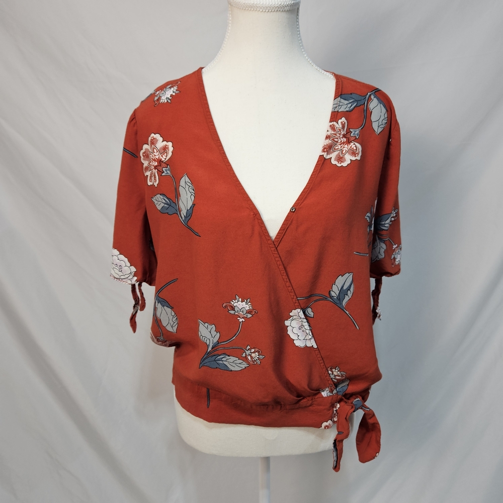 LOFT Red Floral Wrap Blouse photo 5