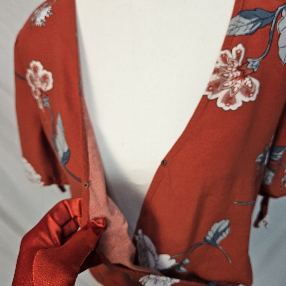 LOFT Red Floral Wrap Blouse photo 6