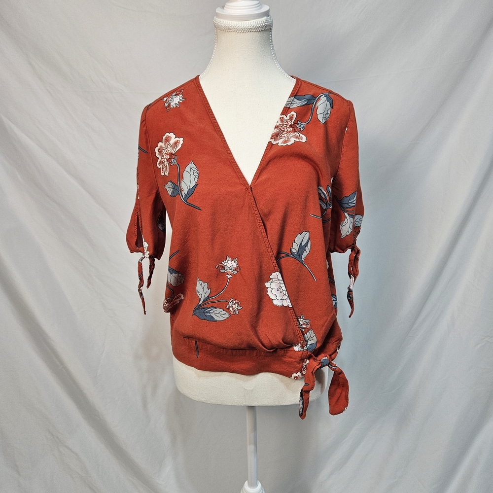 LOFT Red Floral Wrap Blouse