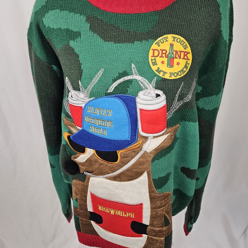 NWT Festive Green Camouflage Sweater with Deer Design Size XL photo 2