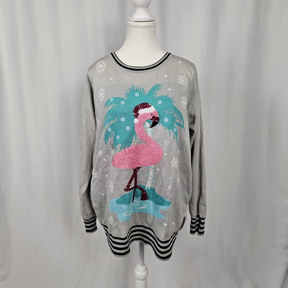 Tipsy Elves Gray Flamingo Sweater Size Large photo 2