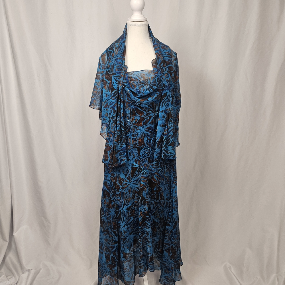 Robbie Bee Vintage 18W Beaded Whimsigoth Ruffle Midi Blue Dress with Shawl