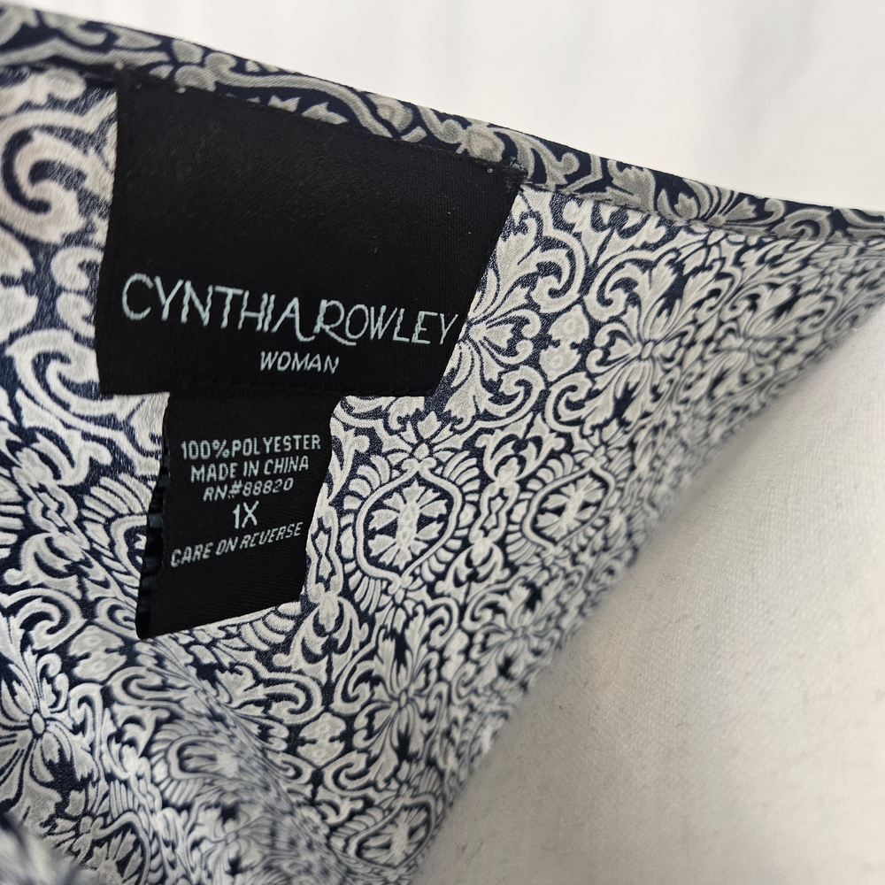 Cynthia Rowley Navy Blue and White Button Up Tile Print Top Size 1X photo 4