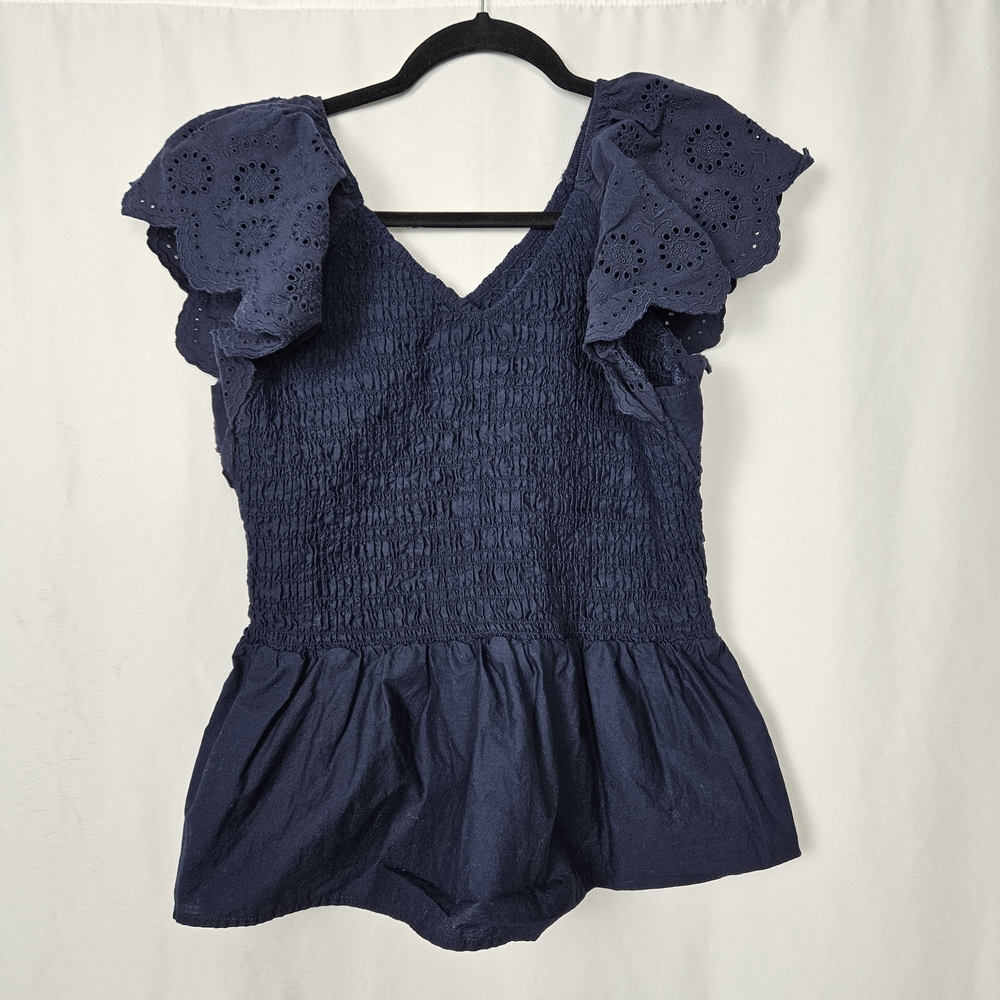 Time and Tru Navy Eyelet Ruffle Blouse Size XL photo 2