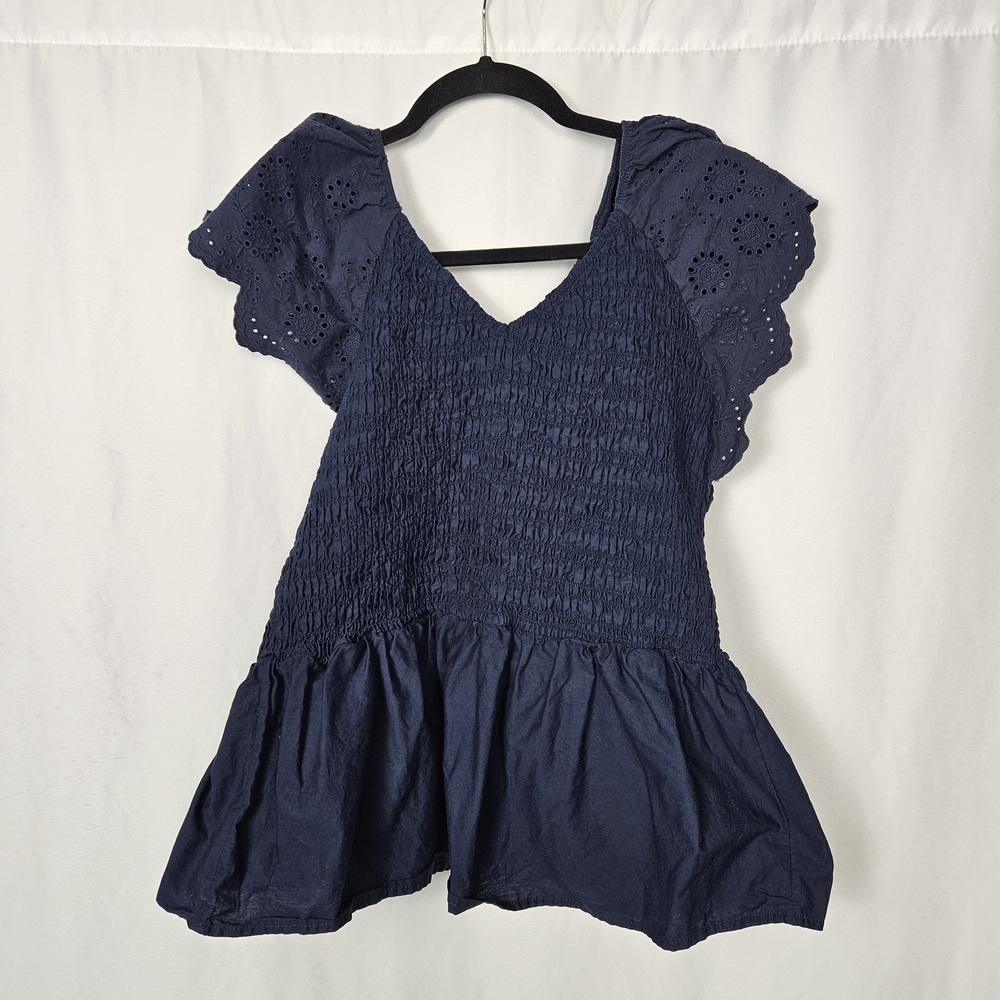Time and Tru Navy Eyelet Ruffle Blouse Size XL photo 3