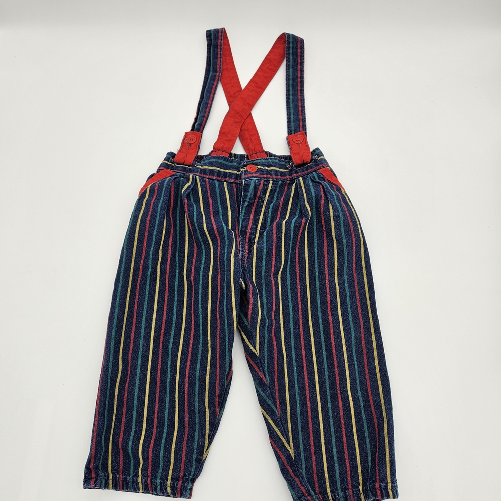 Vintage OshKosh B'gosh Primary Striped Suspenders Overalls 24M