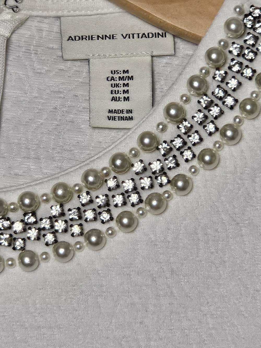 Adrienne Vittadini White Short Sleeve Top with Beaded Neckline photo 3