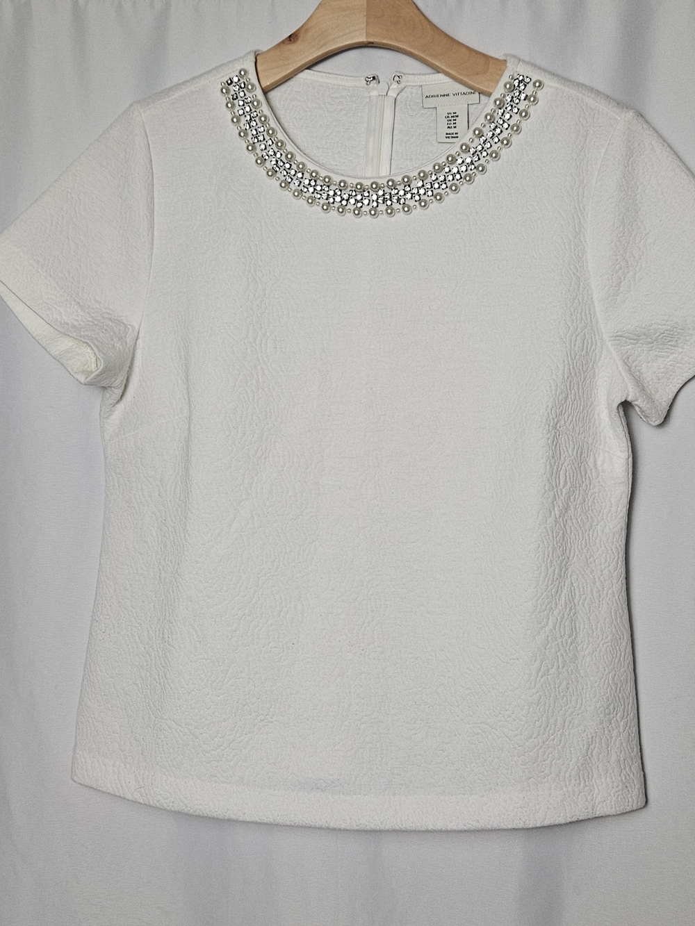 Adrienne Vittadini White Short Sleeve Top with Beaded Neckline