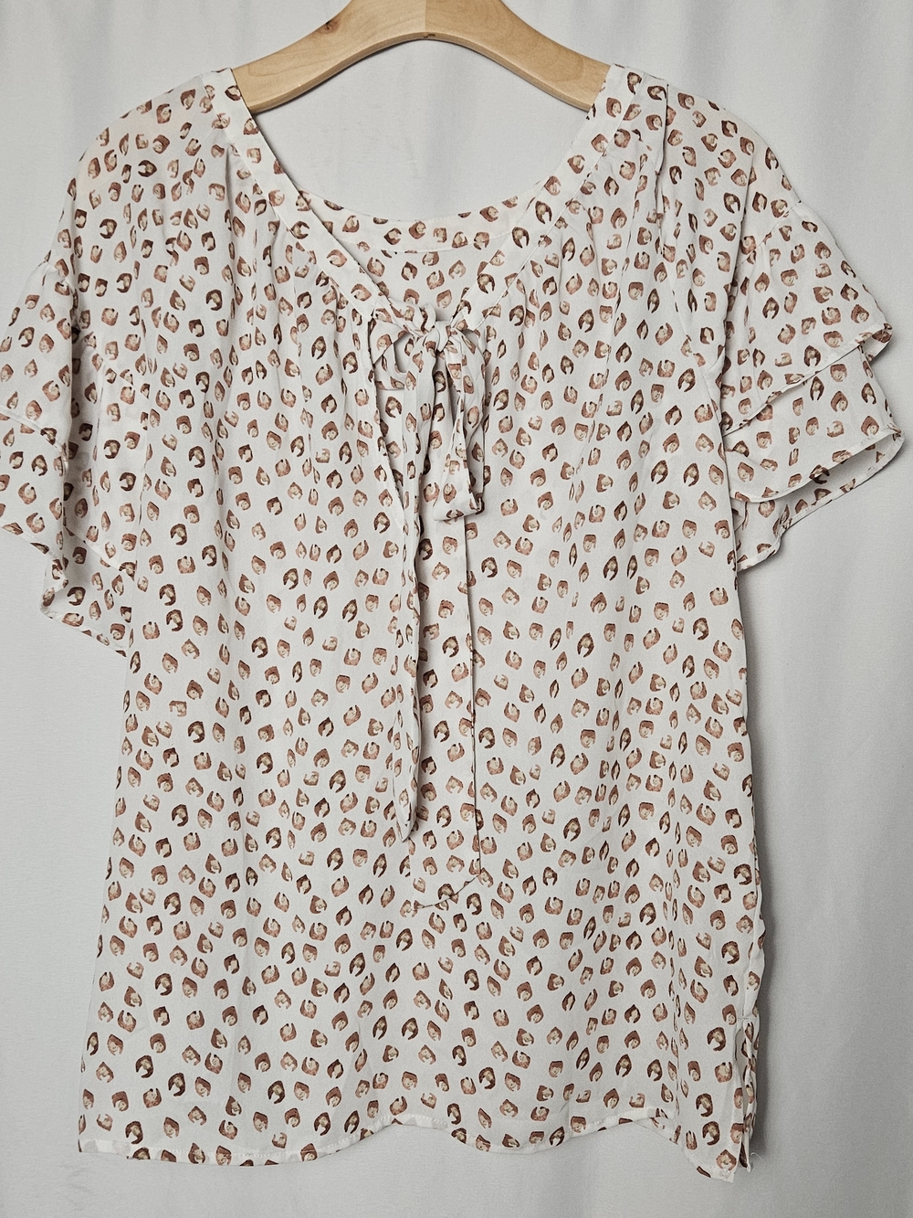 LOFT Cream Blouse with Brown Spot Print and Ruffle Sleeves photo 4