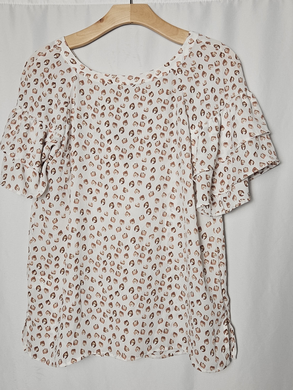 LOFT Cream Blouse with Brown Spot Print and Ruffle Sleeves