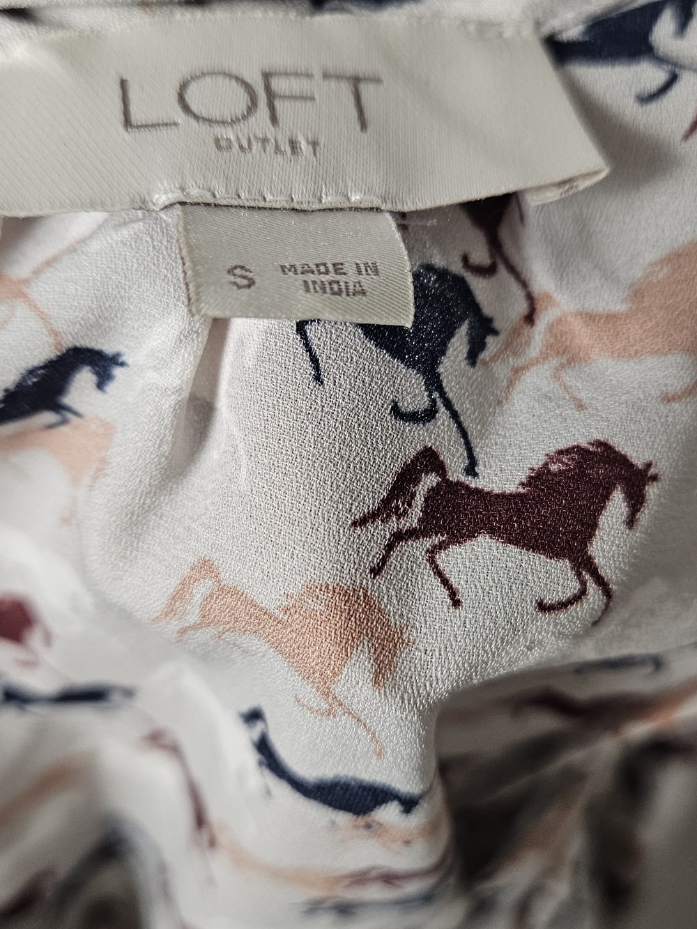 LOFT Cream Blouse with Multicolor Horse Print photo 3