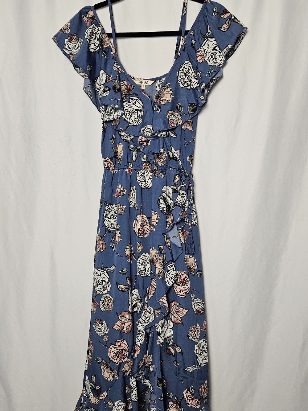 Blue Floral Scoop-Neck Maxi Dress with Ruffle Detail