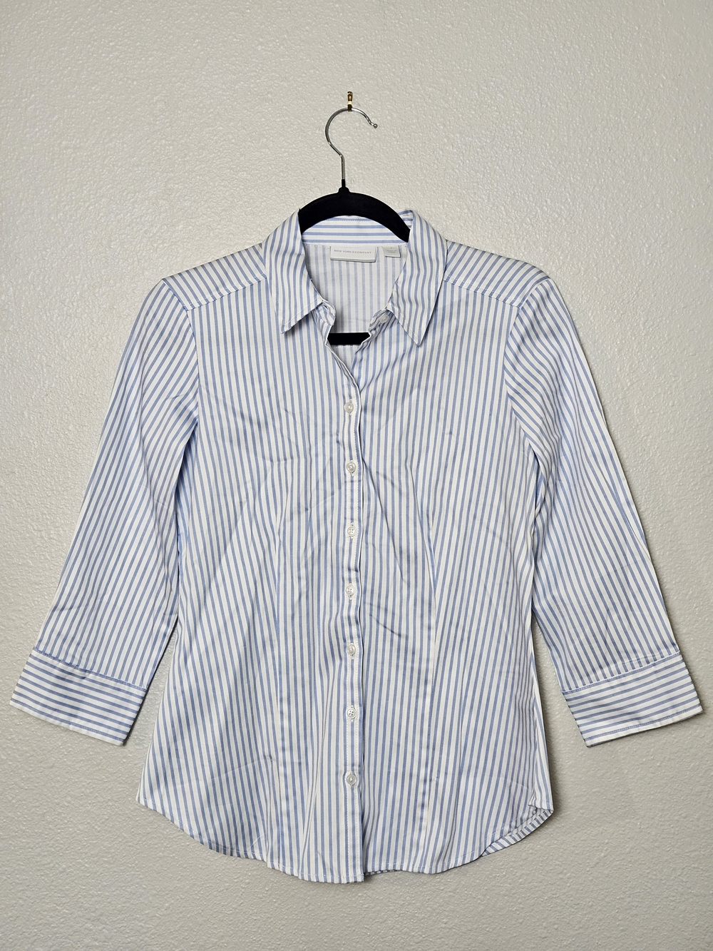 New York & Company Light Blue and White Striped Shirt Size Small