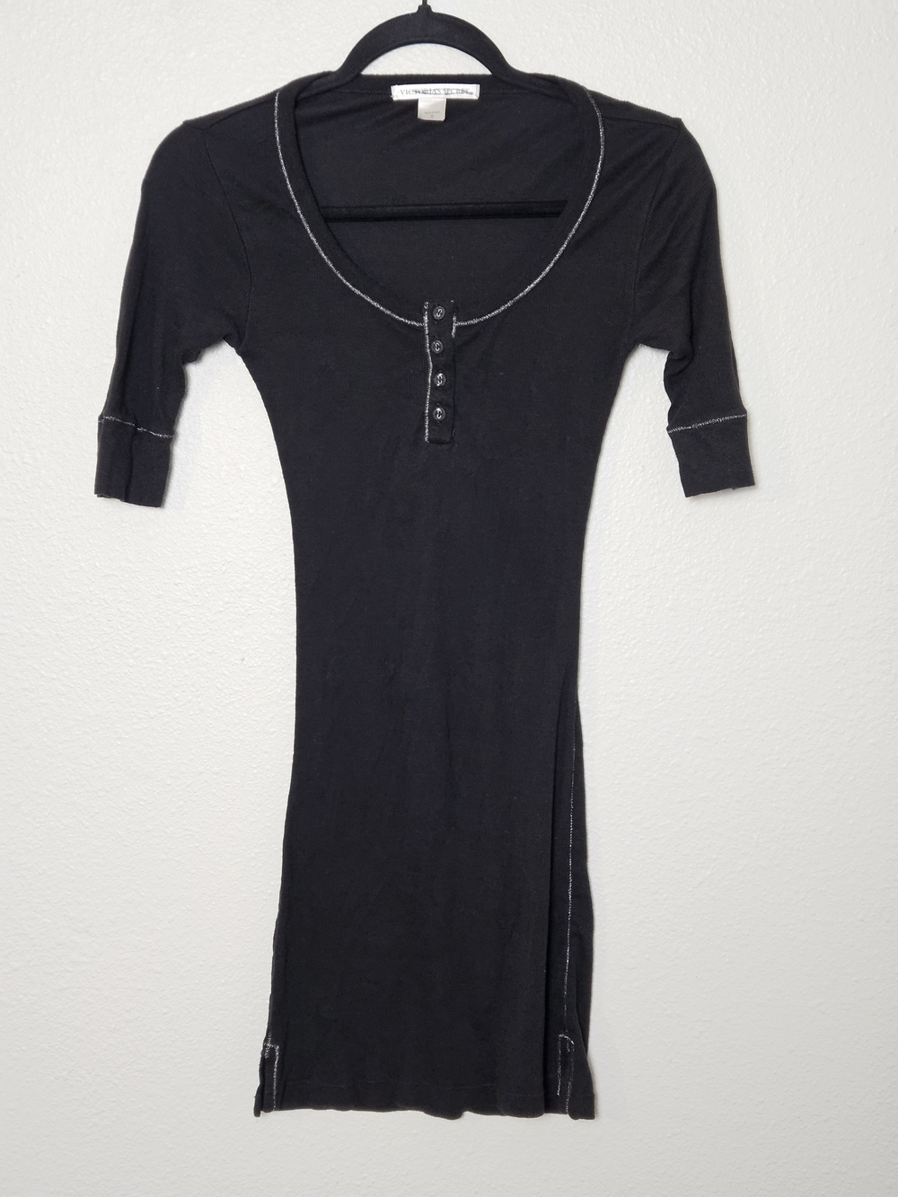 Victoria's Secret Black Henley Sleep Dress with Contrast Stitching Size Small
