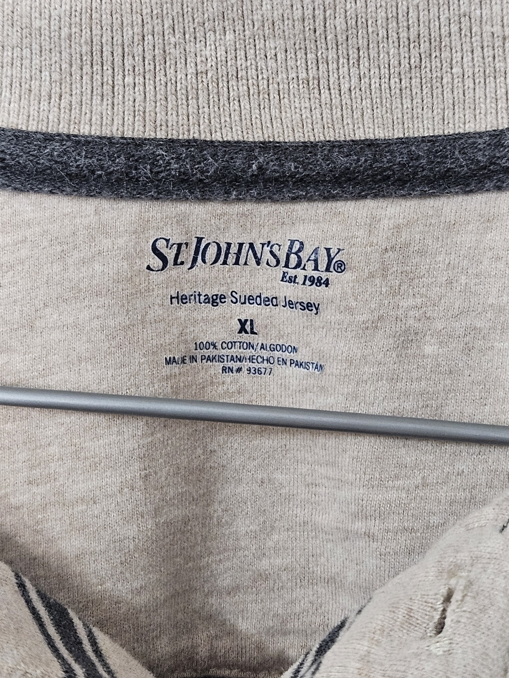 St. John's Bay Beige Long-Sleeve Polo with Navy and Gray Stripes Size XL photo 2