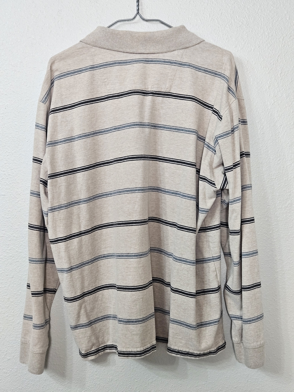St. John's Bay Beige Long-Sleeve Polo with Navy and Gray Stripes Size XL photo 3
