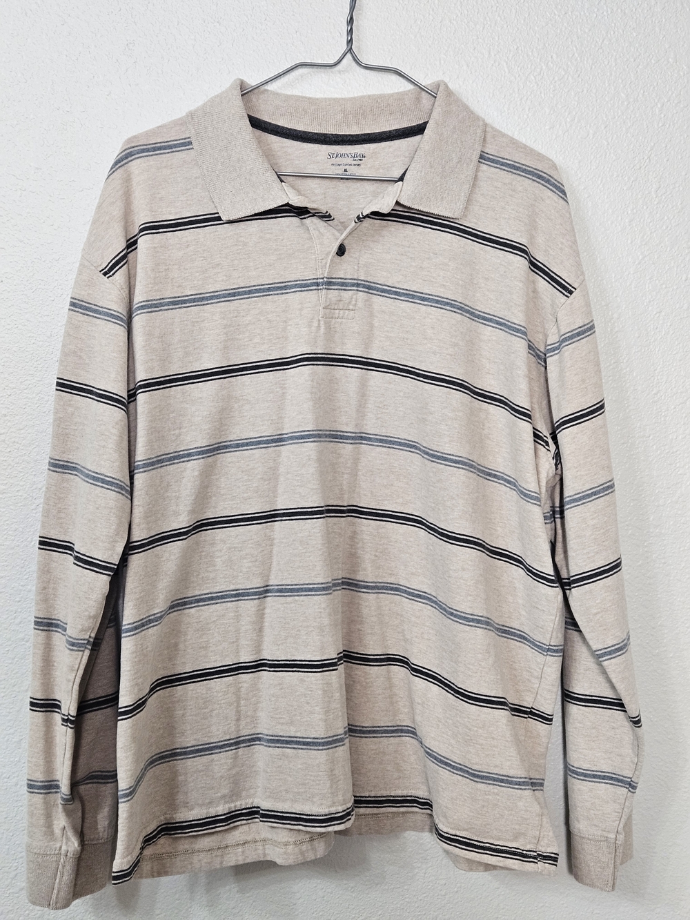 St. John's Bay Beige Long-Sleeve Polo with Navy and Gray Stripes Size XL