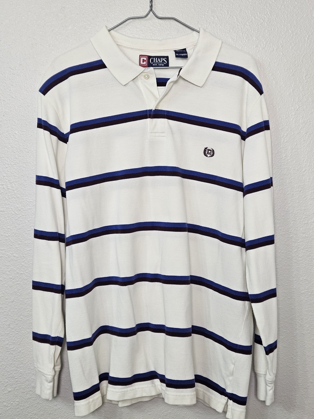Chaps WhitevLong-Sleeve Polo with Navy and Royal Blue Stripes Size XL