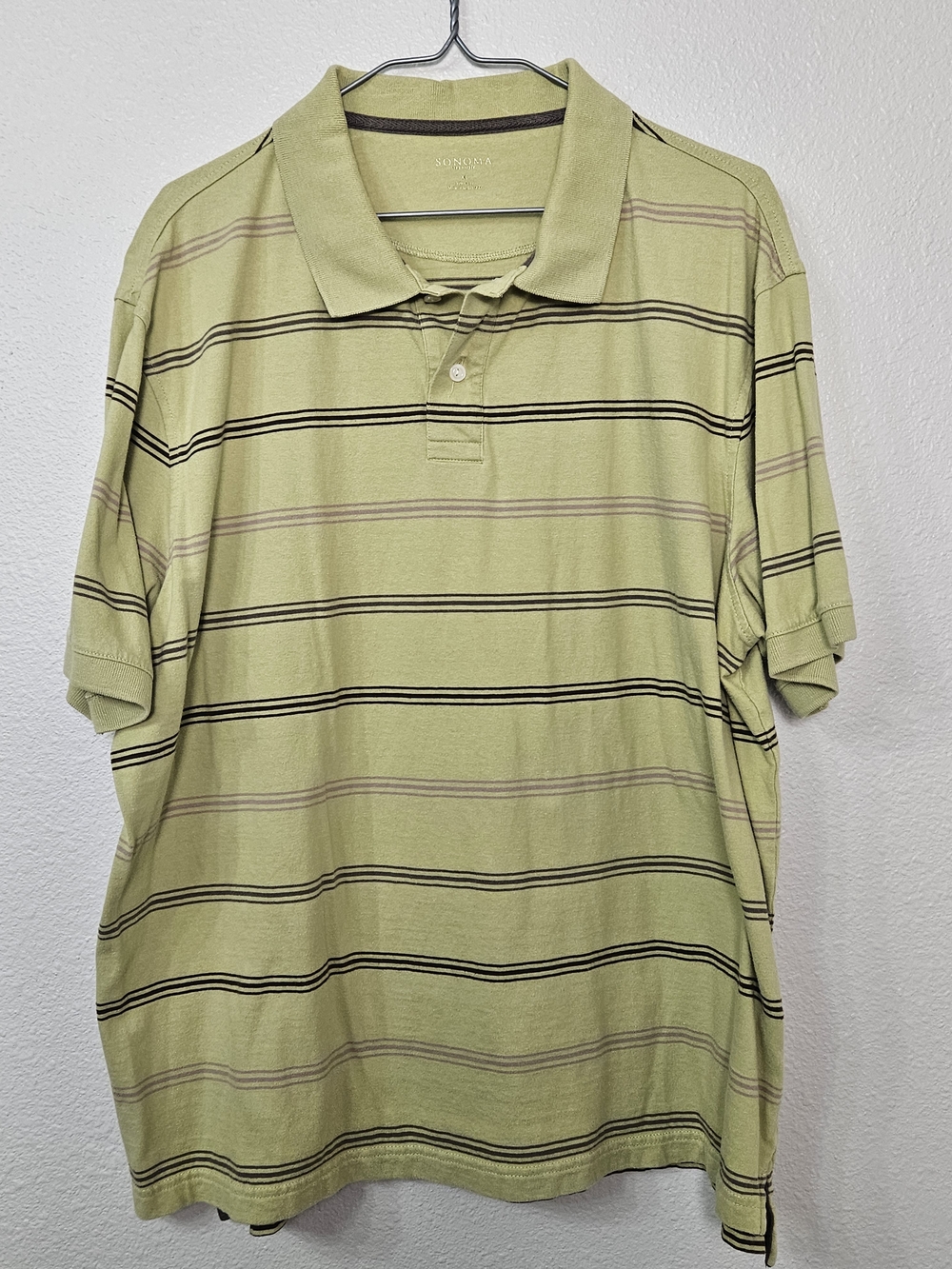 Sonoma Men's Light Green Striped Polo with Black and Tan Accents Size XL