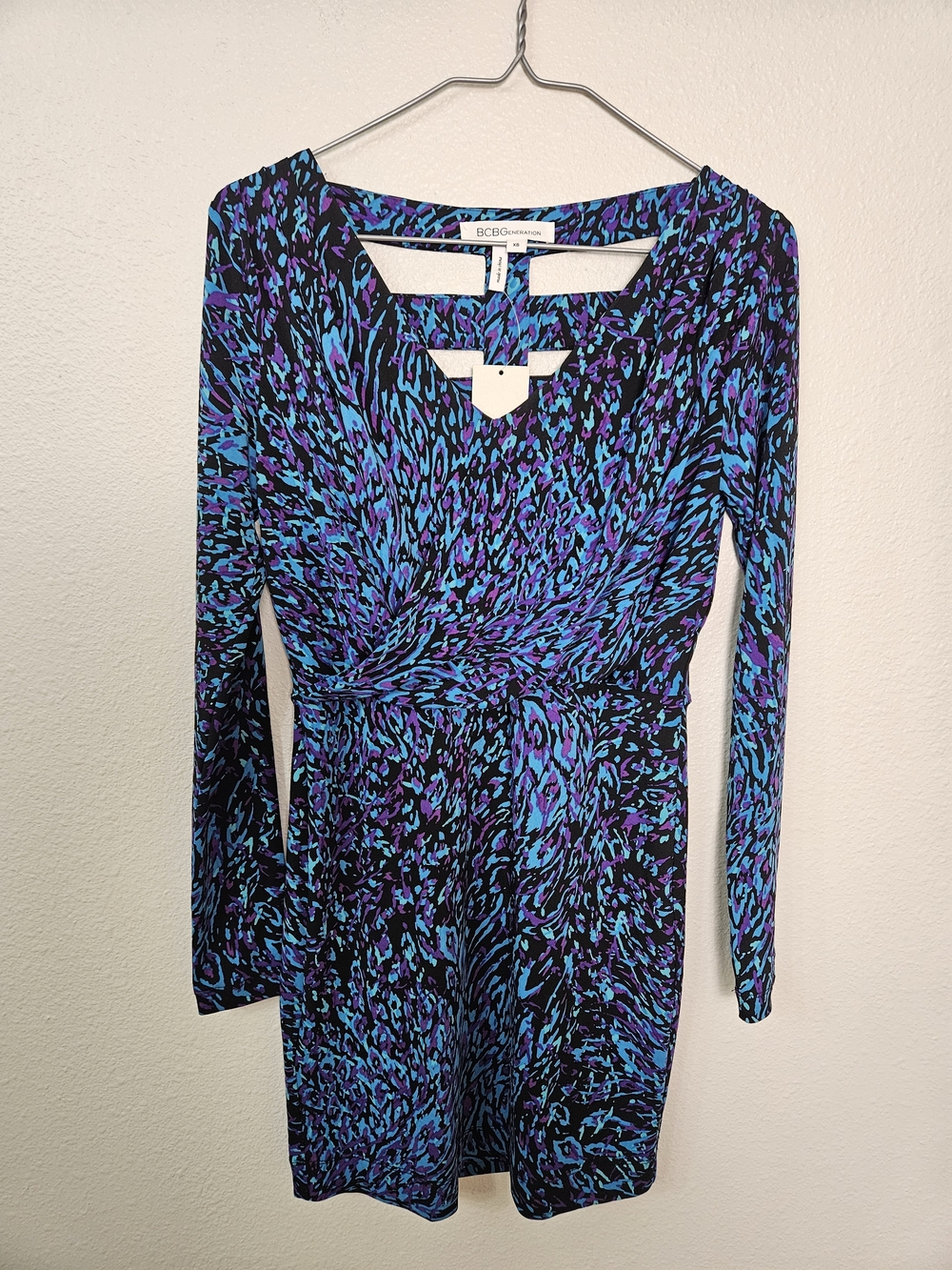 BCBGeneration Black, Blue & Purple Long Sleeve Cut Out Back Dress Size XS