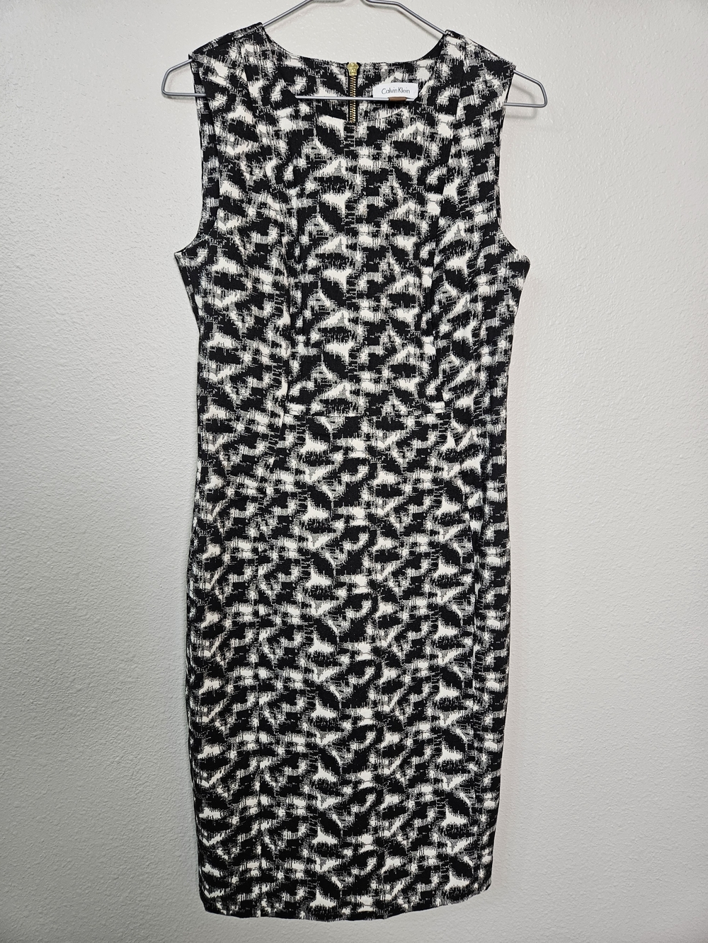 Calvin Klein Black & White Patterned Midi Sheath Dress Size 8