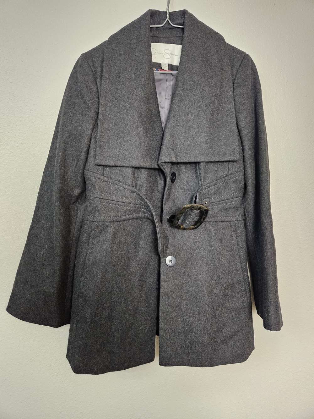 Jessica Simpson Charcoal Gray Wool-Blend Pea Coat with Buckle Belt Size Small photo 2