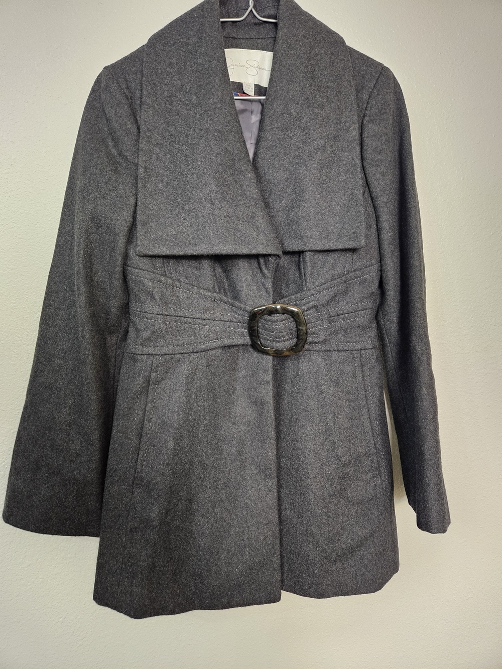 Jessica Simpson Charcoal Gray Wool-Blend Pea Coat with Buckle Belt Size Small