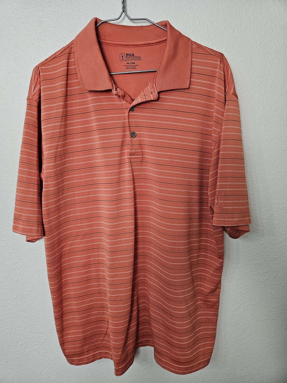 PGA Tour Men's Short Sleeve Polo - Rust with White Stripes Size XL