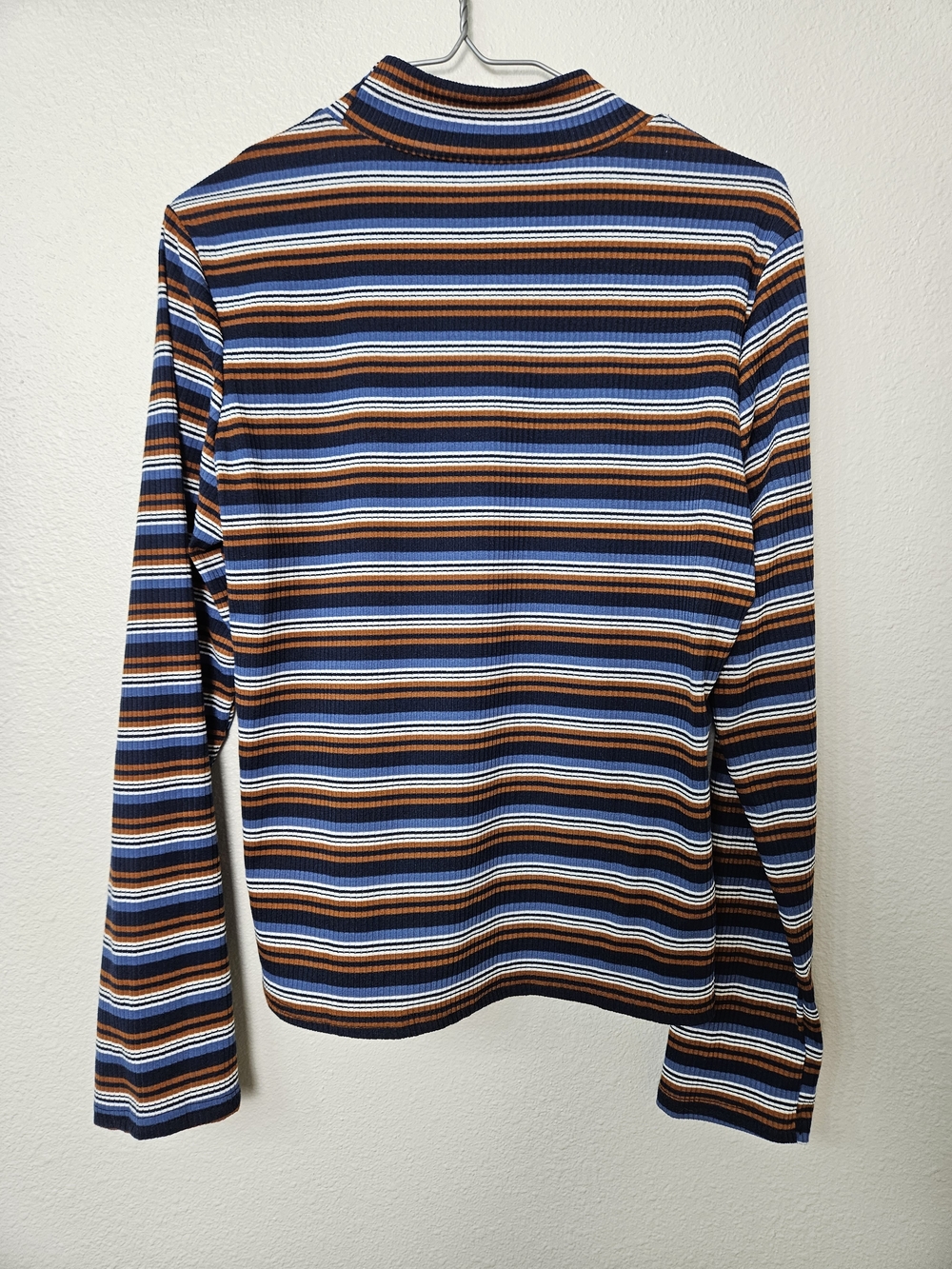 Striped Long Sleeve Mock Neck Tee - Blue & Brown Size XL photo 3