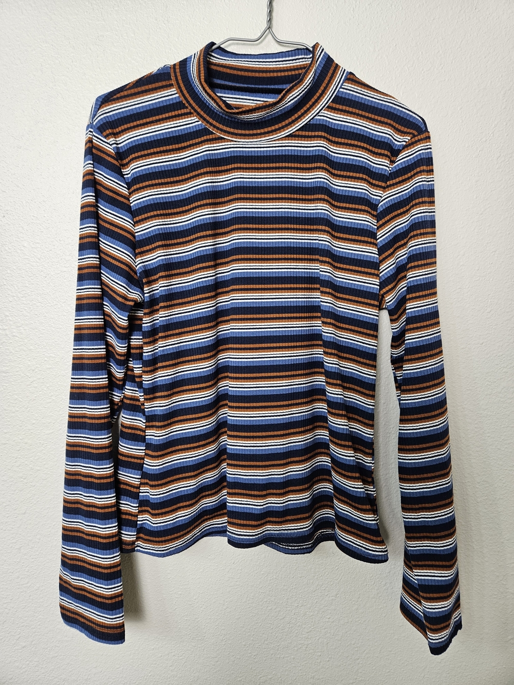 Striped Long Sleeve Mock Neck Tee - Blue & Brown Size XL