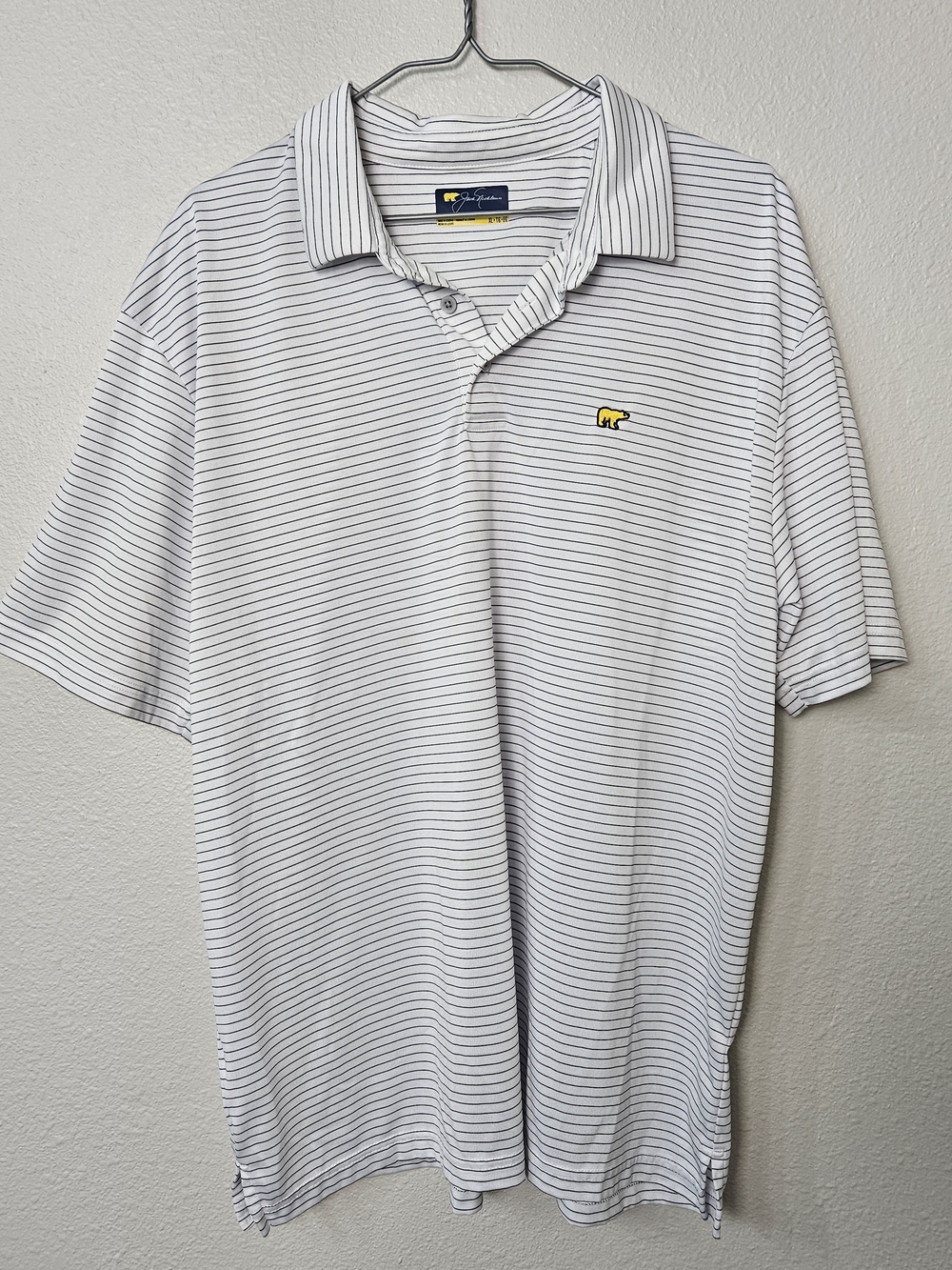 Men's White Polo with Thin Stripes and Yellow Bear Logo Size XL