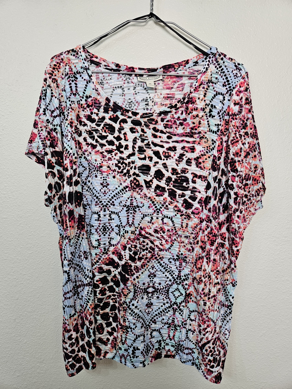 Dana Buchman Pink, Black & Light Blue Mixed Print Short Sleeve Tee Size XL