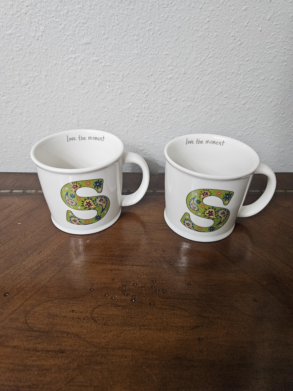 White Ceramic Mug with Green Floral 'S' Accent - Set of 2
