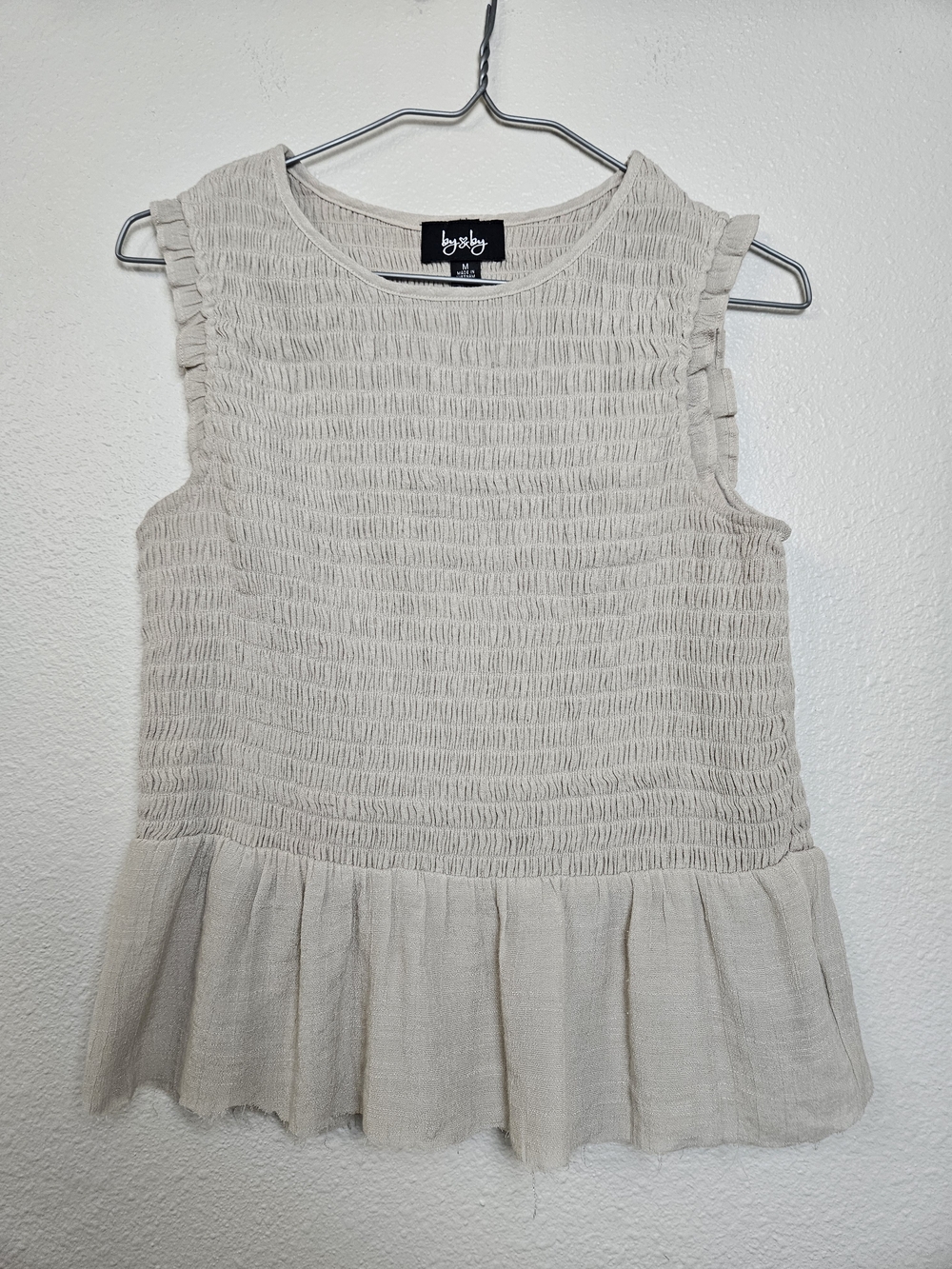 Textured Ruffle Hem Sleeveless Top - Light Beige