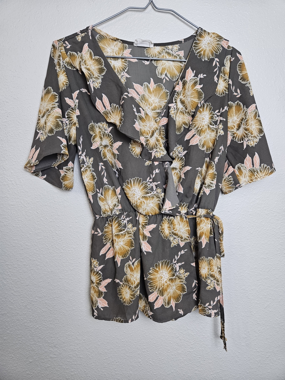 Sienna Sky Gray Floral Wrap Blouse with Mustard & Blush Blooms