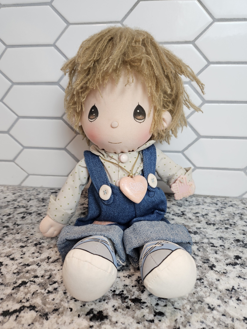 Precious Moments 1980s Blond-Haired Boy Doll in Denim Overalls