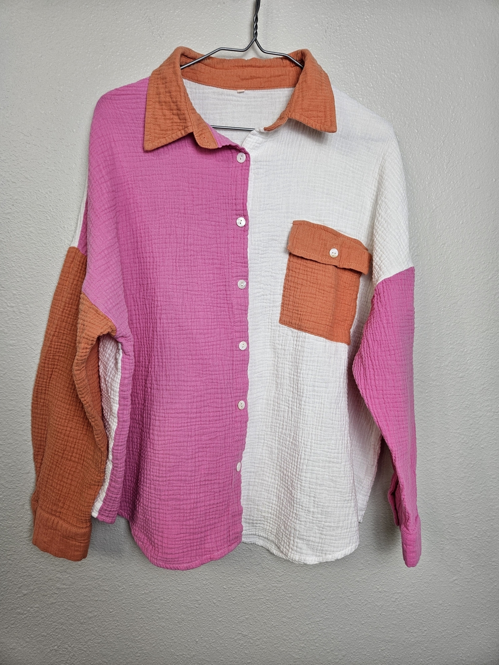 Women's Colorblock Button-Down Shirt in Pink, White & Orange Size XL