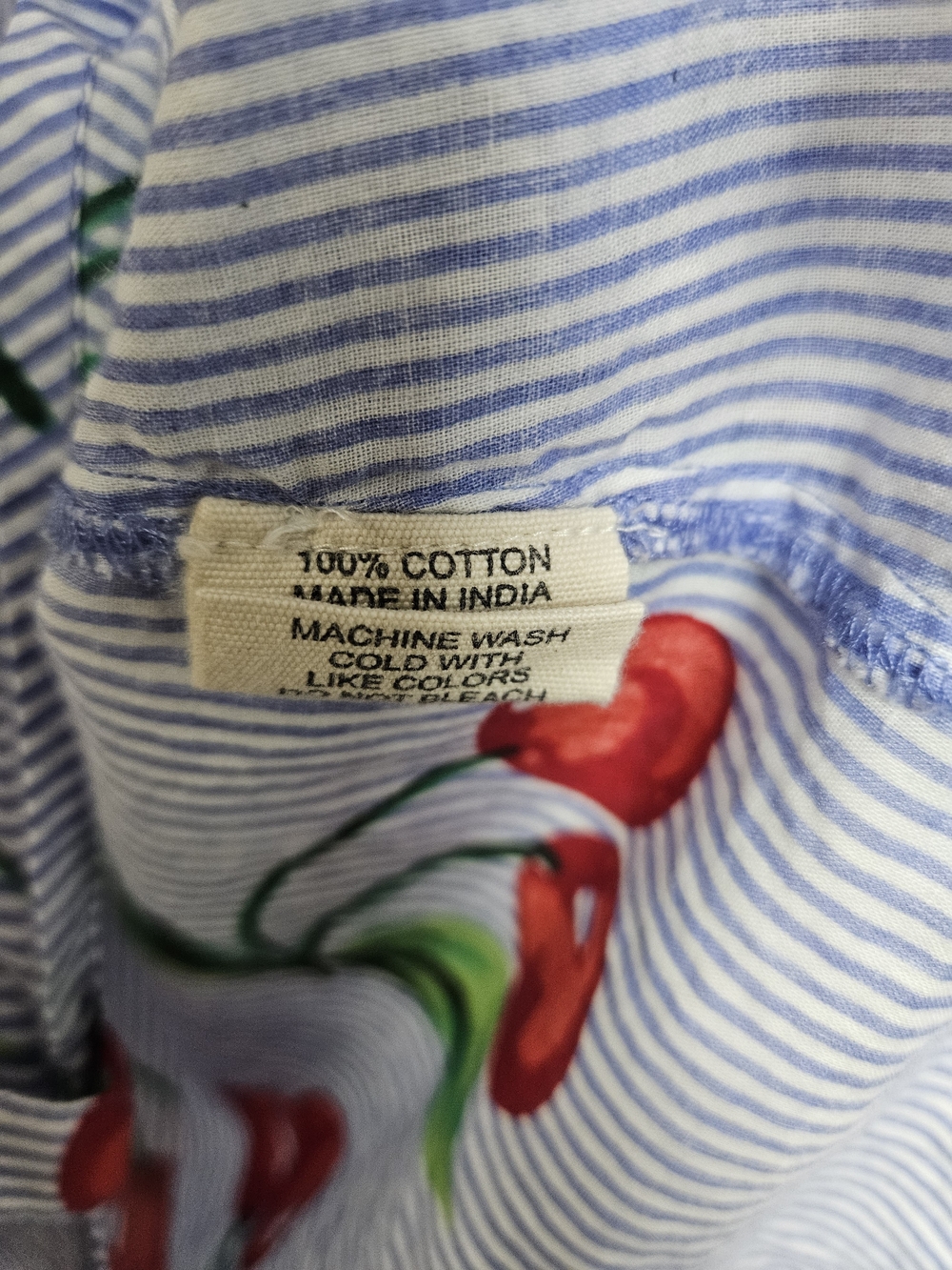Cherry Print Button-Front Tunic Shirt - Red & Green on Blue Stripe Size Small photo 3