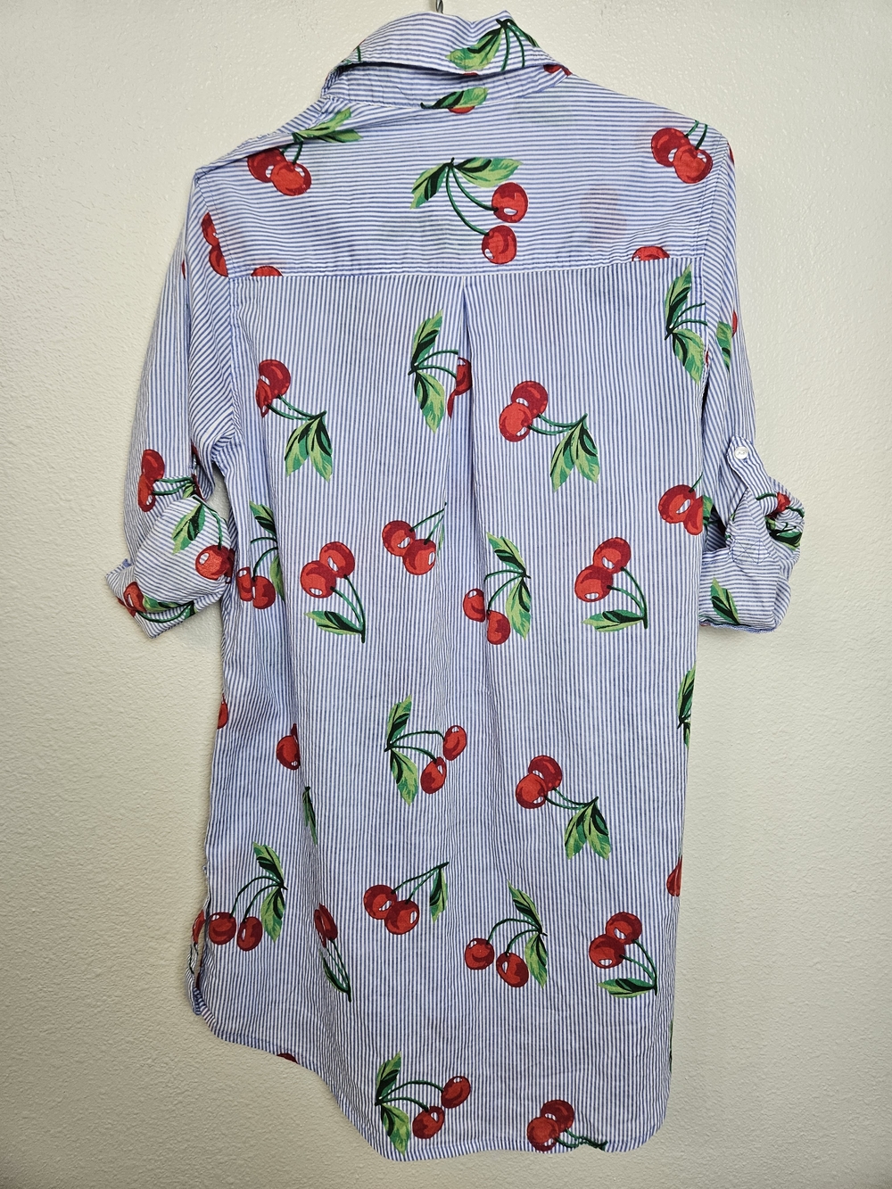 Cherry Print Button-Front Tunic Shirt - Red & Green on Blue Stripe Size Small photo 8