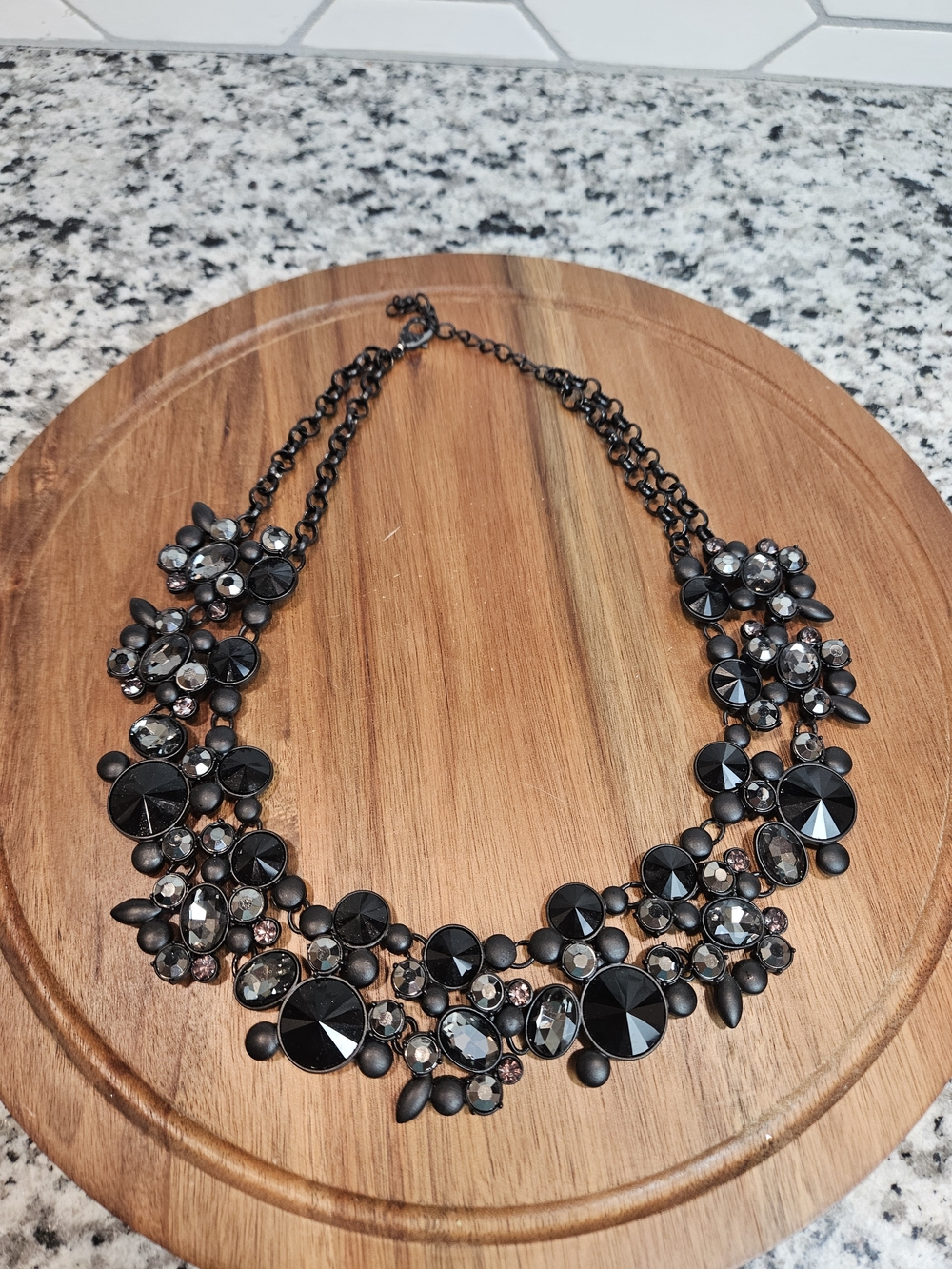 Black Crystal Floral Statement Necklace - Women Jewelry