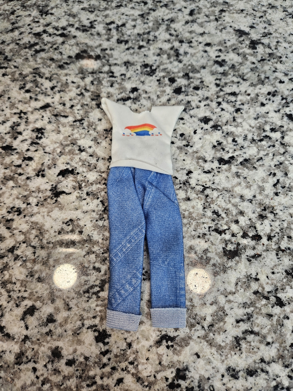 Vintage 1970s Barbie Rainbow Tee with Blue Denim-Style Pant Fashion Set