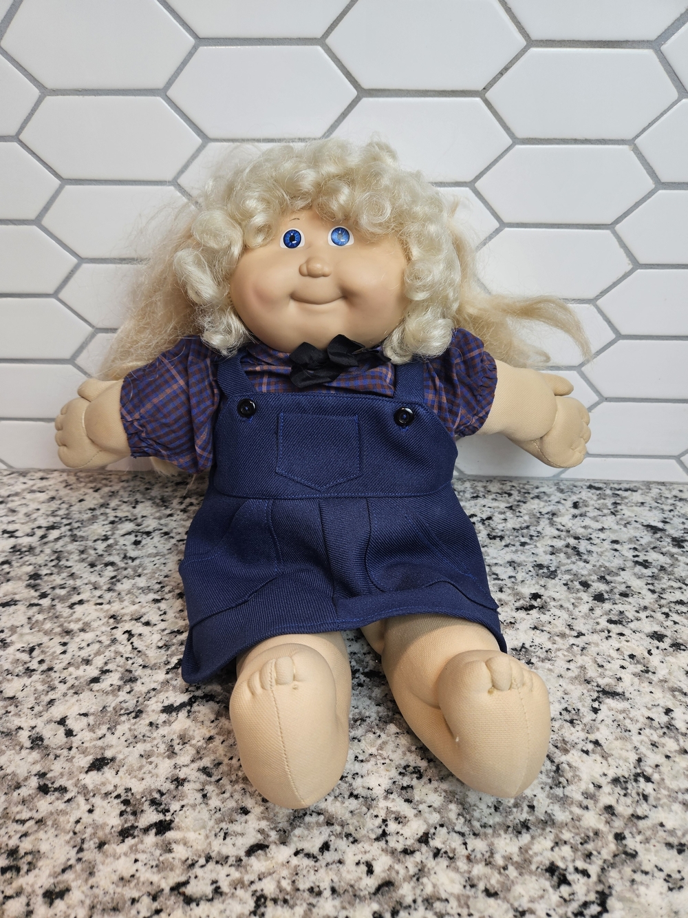 Vintage 1980s Cabbage Patch Kids Doll Blonde Hair Blue Eyes Navy Jumper