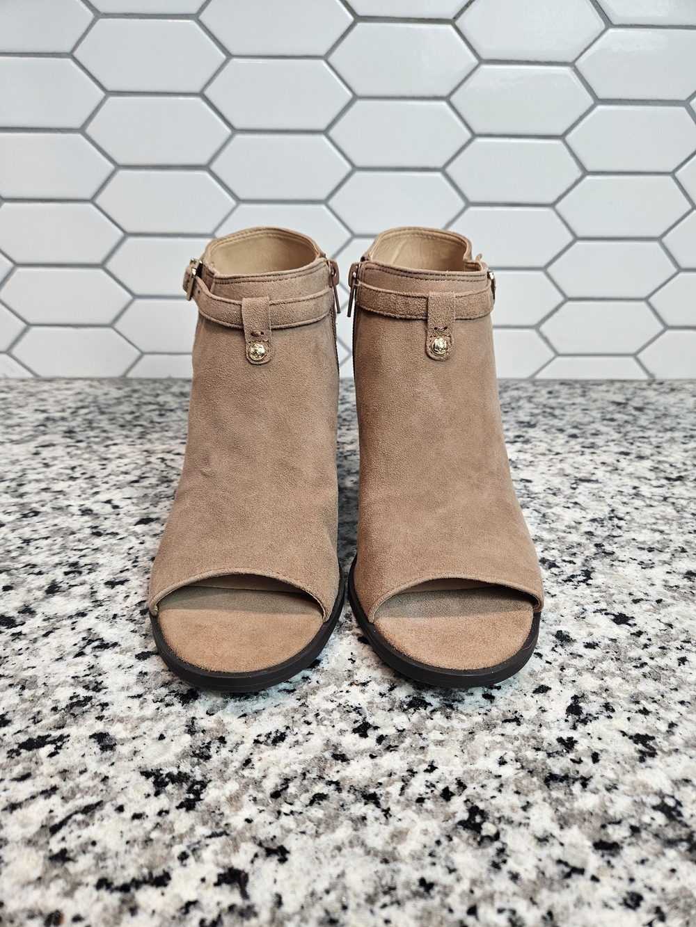Alex Marie Taupe Suede Open-Toe Buckle Block Heel Booties Size 7.5 photo 2