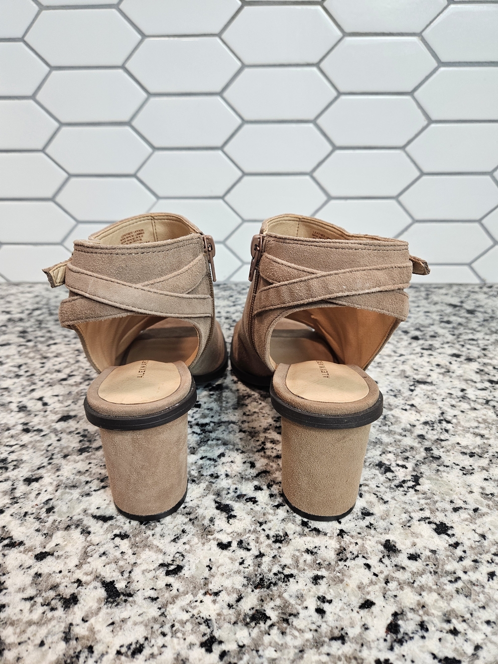 Alex Marie Taupe Suede Open-Toe Buckle Block Heel Booties Size 7.5 photo 3