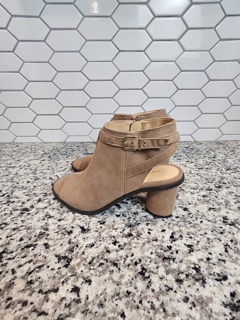 Alex Marie Taupe Suede Open-Toe Buckle Block Heel Booties Size 7.5 photo 5