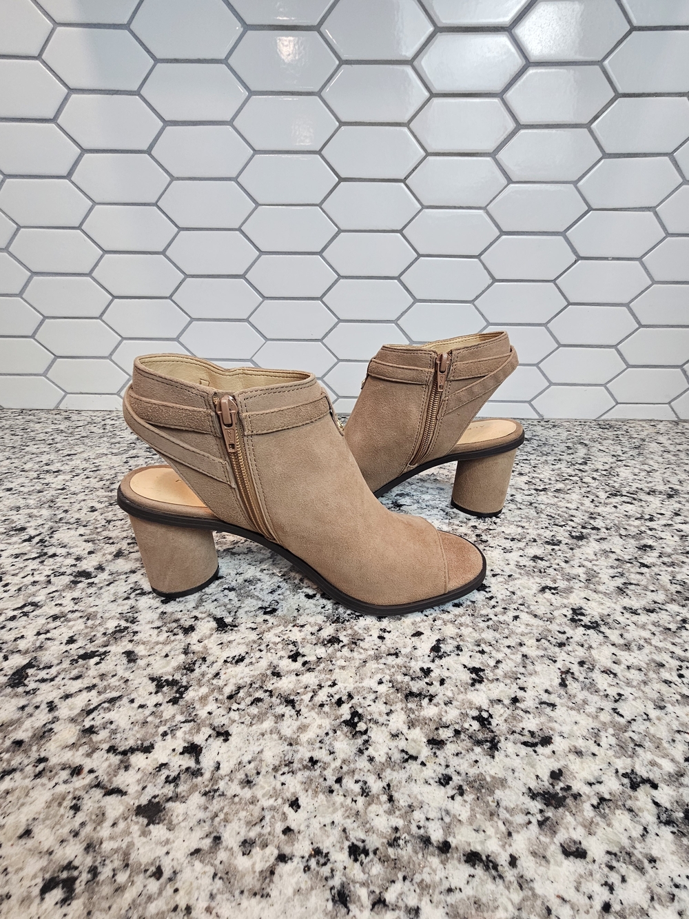 Alex Marie Taupe Suede Open-Toe Buckle Block Heel Booties Size 7.5 photo 6