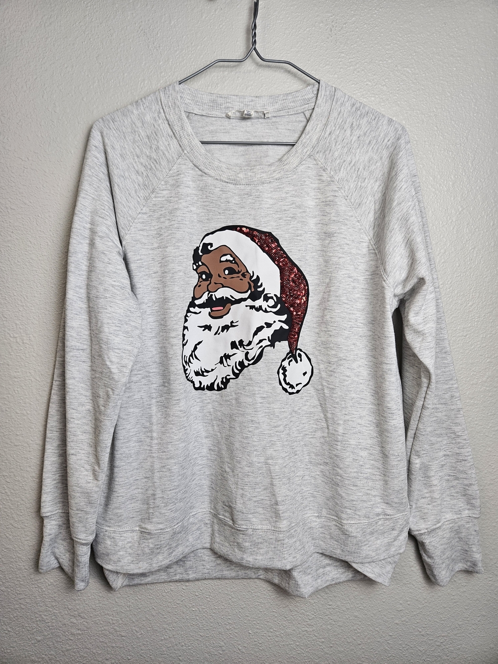 Workshop Republic Clothing Heather Gray Santa Face Crewneck with Red Glitter Hat